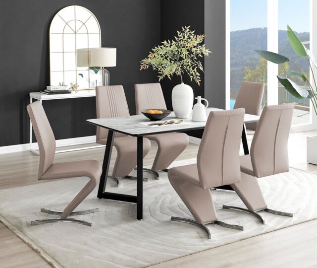 FurnitureboxUK Carson White Marble Effect Dining Table & 6 Willow Chairs in Beige - image 1