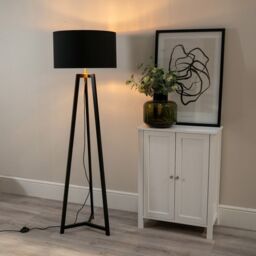 ValueLights Lottie Black Wood Tripod Floor Lamp with Black & Gold Drum Shade