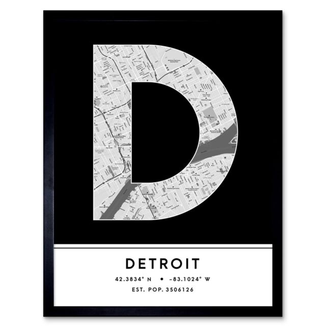 "Wee Blue Coo Wall Art Print Detroit Michigan United States City Map Modern Typography Stylish Letter Framed Word in Black - Size: W12"" x H16""" - image 1