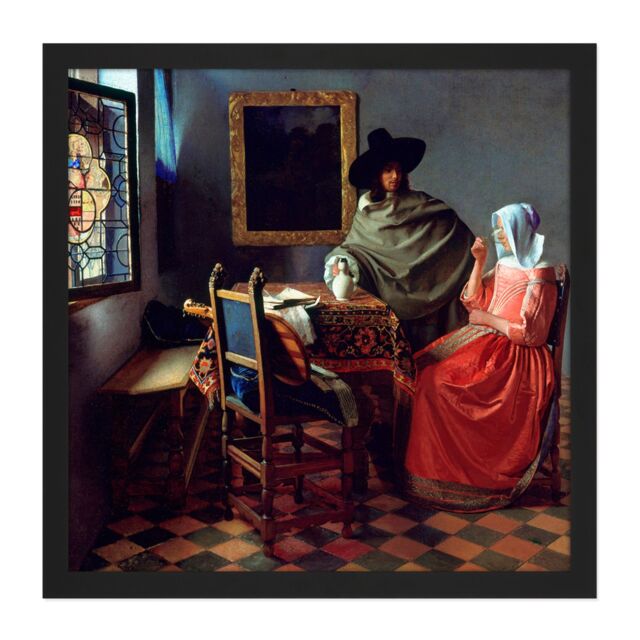 "Artery8 Wall Art Print Jan Vermeer Van Delft The Glass Of Wine Square Framed Picture 16X16 Inch in Black - Size: W16"" x H16""" - image 1