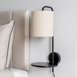 ValueLights Ryan Natural Linen Lamp Shade Black Metal Wall with Wooden Shelf & LED Bulb - thumbnail 5