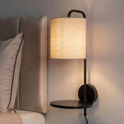ValueLights Ryan Natural Linen Lamp Shade Black Metal Wall with Wooden Shelf & LED Bulb - thumbnail 4