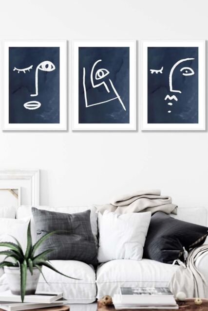 ARTZE Set of 3 White Framed Navy & White Abstract Line Art Faces Wall Art - Size: W53 cm x H73 cm x D20mm - image 1