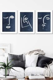 ARTZE Set of 3 White Framed Navy & White Abstract Line Art Faces Wall Art - Size: W53 cm x H73 cm x D20mm - thumbnail 1