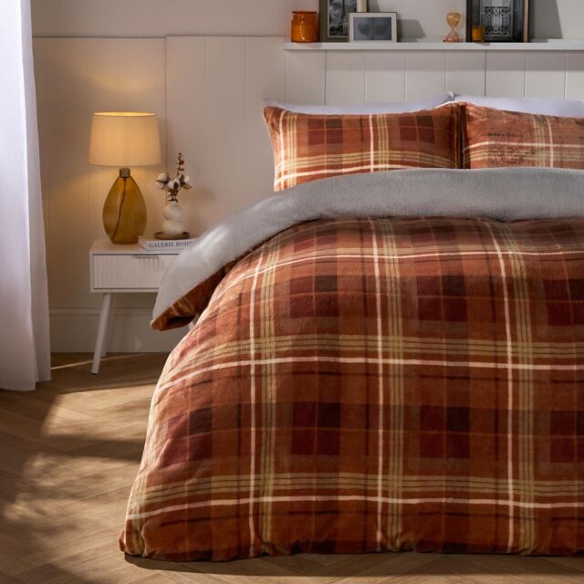 OHS Autumn Check Sherpa Fleece Thermal Duvet Cover Bedding Set in Burnt Orange - Size: Double - image 1