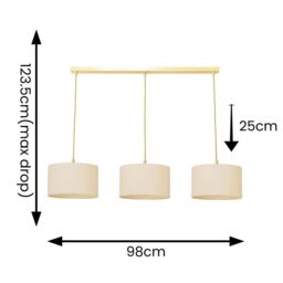 ValueLights Reni Drum Shade 3 Drop Bar Brushed Gold Diner Ceiling Pendant Light with Bulbs in Natural - thumbnail 7