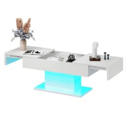 KEEPREAPER White High-Gloss Coffee Table Sliding Top Hidden Drawers 16-Color LED