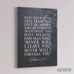 "Artery8 Hebrews 13 5 The Love of Money Bible Quote Canvas Wall Art Print in Grey - Size: W24"" x H32""" - thumbnail 2