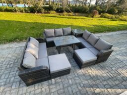 Fimous Rattan Garden Furniture Set 11 Seater Patio Outdoor Lounge Sofa Set with Side Table Rectangular Dining Table 2 Big Footstool in Dark Grey - thumbnail 2