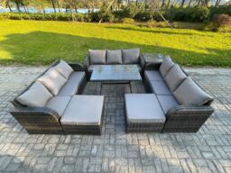 Fimous Rattan Garden Furniture Set 11 Seater Patio Outdoor Lounge Sofa Set with Side Table Rectangular Dining Table 2 Big Footstool in Dark Grey - thumbnail 1