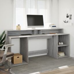 Berkfield Home Desk with LED Lights Grey Sonoma 200x55x91 cm Engineered Wood - Size: 200 x 55 x 91 cm - thumbnail 4