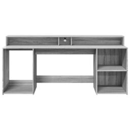 Berkfield Home Desk with LED Lights Grey Sonoma 200x55x91 cm Engineered Wood - Size: 200 x 55 x 91 cm - thumbnail 6