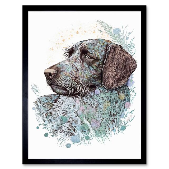 "Artery8 Wall Art Print German Wirehead Pointer Dog Nature Spirit Animal Modern Multicoloured Art Framed in Black - Size: W12"" x H16""" - image 1