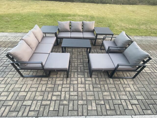 Fimous Aluminium Outdoor Garden Furniture Lounge Sofa 2 PC Chairs Oblong Coffee Table Sets with 2 Side Tables 2 Big Footstool Dark Grey - image 1