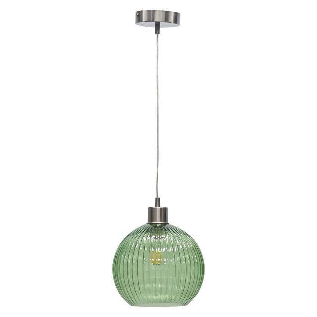First Choice Lighting Betchley - Green Ribbed Glass Globe with Satin Nickel Pendant Fitting - image 1