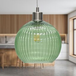 First Choice Lighting Betchley - Green Ribbed Glass Globe with Satin Nickel Pendant Fitting - thumbnail 3