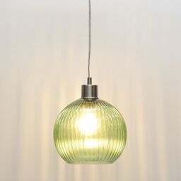 First Choice Lighting Betchley - Green Ribbed Glass Globe with Satin Nickel Pendant Fitting - thumbnail 6