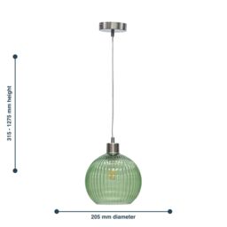 First Choice Lighting Betchley - Green Ribbed Glass Globe with Satin Nickel Pendant Fitting - thumbnail 8