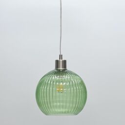 First Choice Lighting Betchley - Green Ribbed Glass Globe with Satin Nickel Pendant Fitting - thumbnail 5