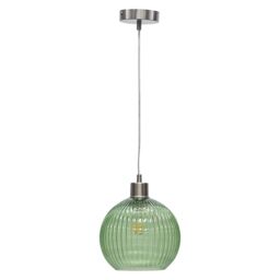First Choice Lighting Betchley - Green Ribbed Glass Globe with Satin Nickel Pendant Fitting