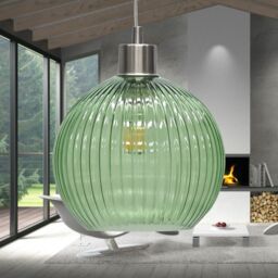 First Choice Lighting Betchley - Green Ribbed Glass Globe with Satin Nickel Pendant Fitting - thumbnail 4