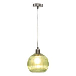 First Choice Lighting Betchley - Green Ribbed Glass Globe with Satin Nickel Pendant Fitting - thumbnail 2