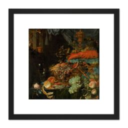 Artery8 Mignon Still Life With Fruit Goldfinch Painting 8X8 Inch Square Wooden Framed Wall Art Print Picture with Mount in Black - thumbnail 1