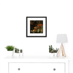 Artery8 Mignon Still Life With Fruit Goldfinch Painting 8X8 Inch Square Wooden Framed Wall Art Print Picture with Mount in Black - thumbnail 2