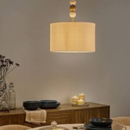Wyld and Coco Pendant Lamp - Beige Fabric Drum Shade Iron Frame Mid-Century - thumbnail 1
