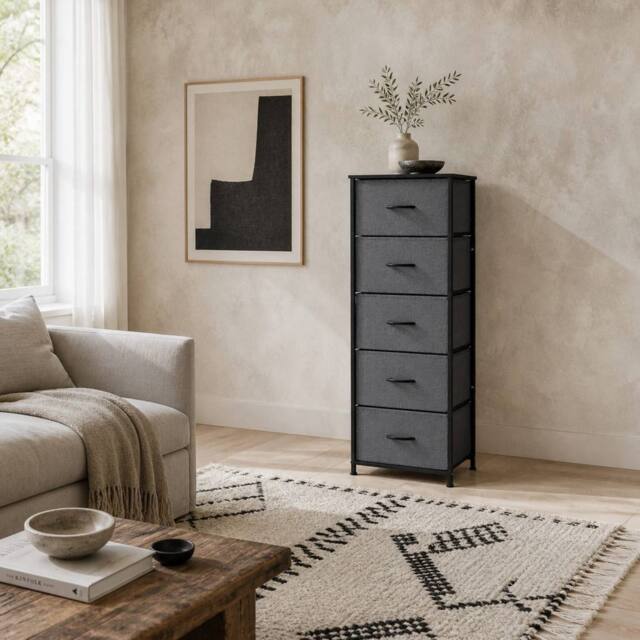 Wyld Haus Ralora 5 Drawer Dark Grey Fabric Dresser with Steel Frame - image 1