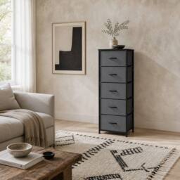 Wyld Haus Ralora 5 Drawer Dark Grey Fabric Dresser with Steel Frame