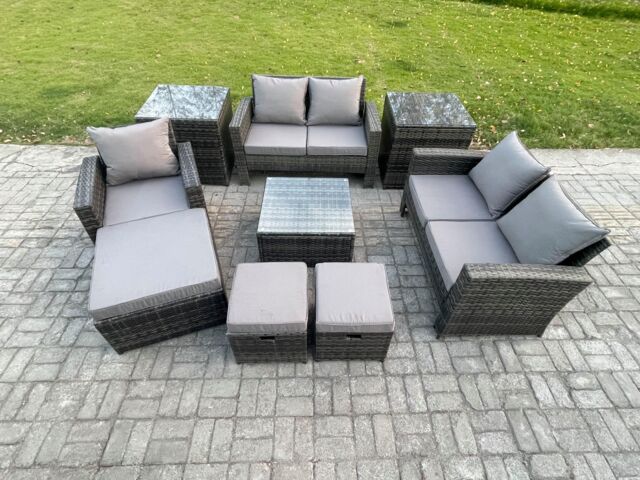 Fimous 8 Seater Outdoor Rattan Garden Furniture Set Conservatory Patio Sofa Coffee Table Set with Chair 2 Side Tables 3 Footstools in Dark Grey