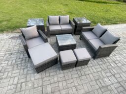 Fimous 8 Seater Outdoor Rattan Garden Furniture Set Conservatory Patio Sofa Coffee Table Set with Chair 2 Side Tables 3 Footstools in Dark Grey - thumbnail 2
