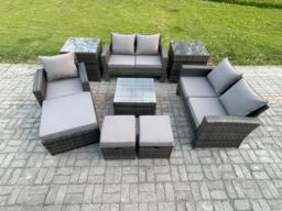 Fimous 8 Seater Outdoor Rattan Garden Furniture Set Conservatory Patio Sofa Coffee Table Set with Chair 2 Side Tables 3 Footstools in Dark Grey - thumbnail 1