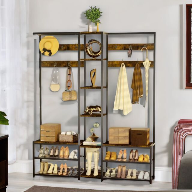 Pirlo Plush Adjustable Industrial Hall Tree Coat Rack Stand With Shoe Storage Shelves in Brown - image 1