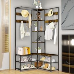 Pirlo Plush Adjustable Industrial Hall Tree Coat Rack Stand With Shoe Storage Shelves in Brown - thumbnail 3