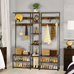 Pirlo Plush Adjustable Industrial Hall Tree Coat Rack Stand With Shoe Storage Shelves in Brown - thumbnail 2