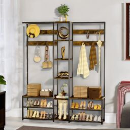 Pirlo Plush Adjustable Industrial Hall Tree Coat Rack Stand With Shoe Storage Shelves in Brown - thumbnail 1