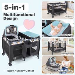 Costway Foldable Pack &Play Portable Baby Playard w/Rocking Bassinet&Music Box in Blue - thumbnail 2