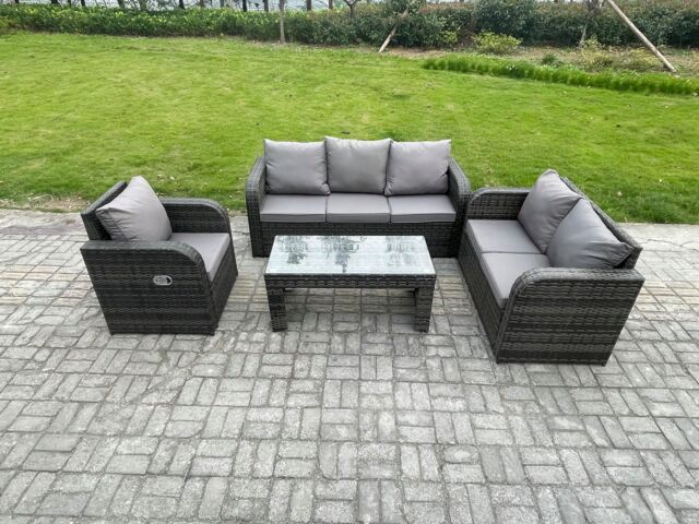 Fimous 6 Seater Outdoor Rattan Garden Furniture Set Rattan Lounge Sofa Set with Rectangular Coffee Table Reclining Chair Dark Grey Mixed - image 1