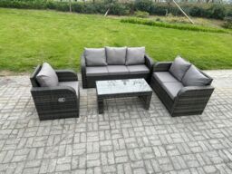 Fimous 6 Seater Outdoor Rattan Garden Furniture Set Rattan Lounge Sofa Set with Rectangular Coffee Table Reclining Chair Dark Grey Mixed - thumbnail 2