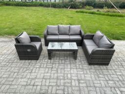 Fimous 6 Seater Outdoor Rattan Garden Furniture Set Rattan Lounge Sofa Set with Rectangular Coffee Table Reclining Chair Dark Grey Mixed - thumbnail 1