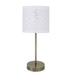 First Choice Lighting Antique Brass Stick Table Lamp with White Laser Cut Shade in Bronze