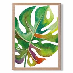ARTZE Monstera Leaf Abstract Watercolour Botanical Framed Print SIZE: A3 with Oak Frame in Green - Size: A4 - thumbnail 1