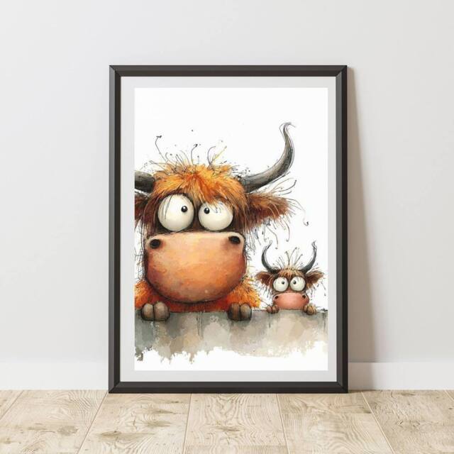 60 SECOND MAKEOVER Peeking Highland Cow & Baby Print Wall Art Poster - Size: A4 - image 1