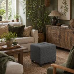 Wyld Haus Linen-Look Grey Square Footstool 35cm Side Pocket Black Wooden Legs - thumbnail 1