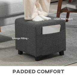 Wyld Haus Linen-Look Grey Square Footstool 35cm Side Pocket Black Wooden Legs - thumbnail 6
