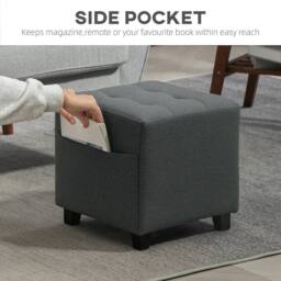 Wyld Haus Linen-Look Grey Square Footstool 35cm Side Pocket Black Wooden Legs - thumbnail 5