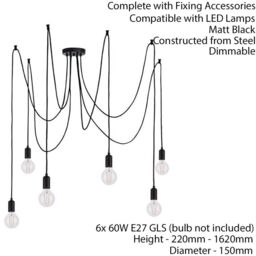 Loops Multi Light Ceiling Pendant 6 Bulb Matt Black Industrial Adjustable Hang Hook - thumbnail 2