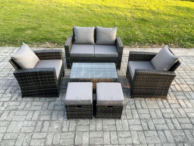 Fimous 6 Seater Outdoor Lounge Sofa Set Wicker PE Rattan Garden Furniture Set with Rectangular Coffee Table Double Seat Sofa in Dark Grey